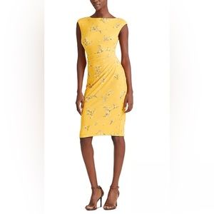 DRESS - Women's Lauren Ralph Lauren Yellow Floral Ruched Waist Dress. Size 6.